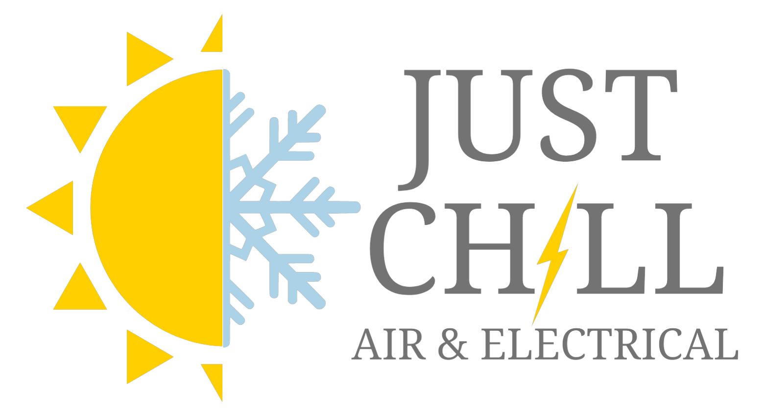 The image features a logo design that includes a stylised sun with rays on the left side, representing warmth, and a snowflake on the right side, symbolising coolness. The text 'JUST CHILL' is prominently displayed in bold font, with 'AIR & ELECTRICAL' positioned beneath it. The logo combines bright yellow and blue colours, conveying a sense of comfort and balance between heating and cooling services.